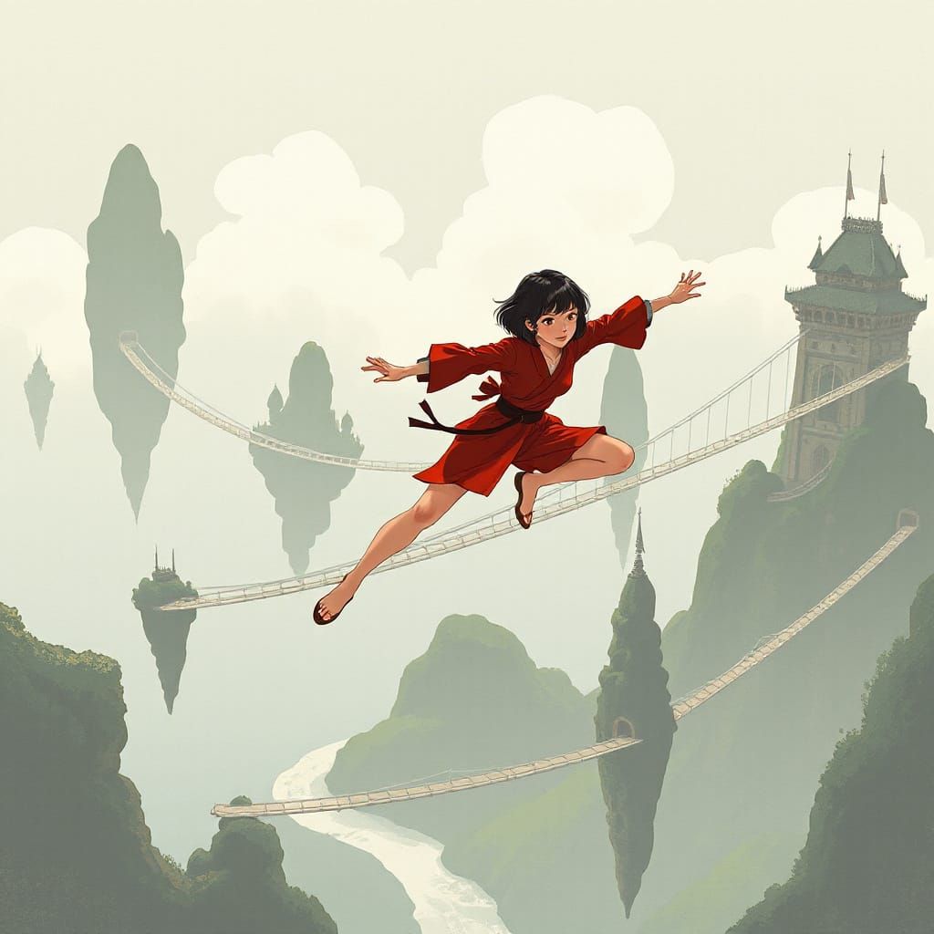 Kunoichi Leaping Across Surreal Floating Islands