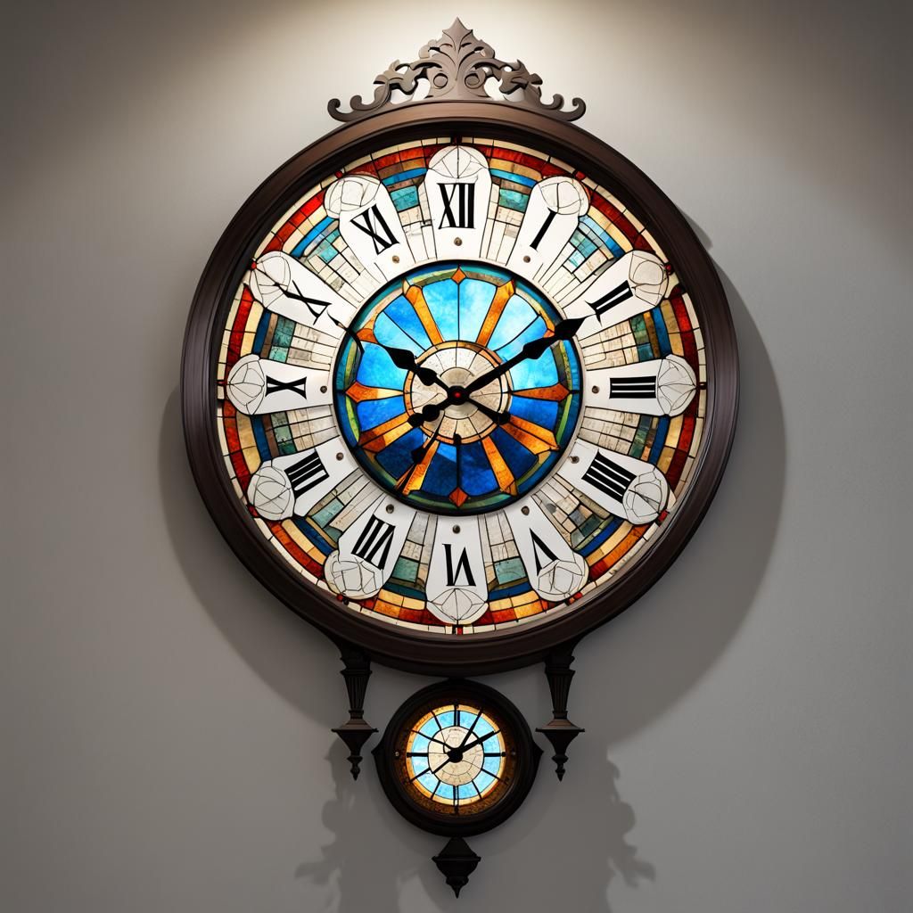 Hypermodern Clock in Old Room with Stained Glass