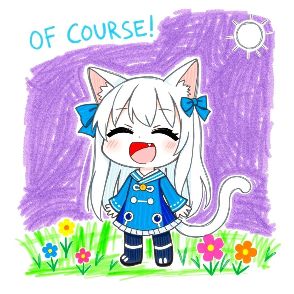 Cute Anime Catgirl Crayon Drawing with 'OF COURSE!'