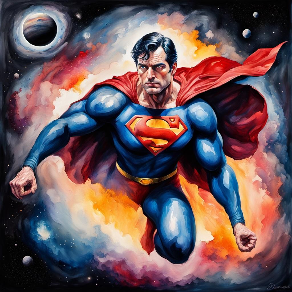 Superman in Cosmic Watercolor Impressionist Style
