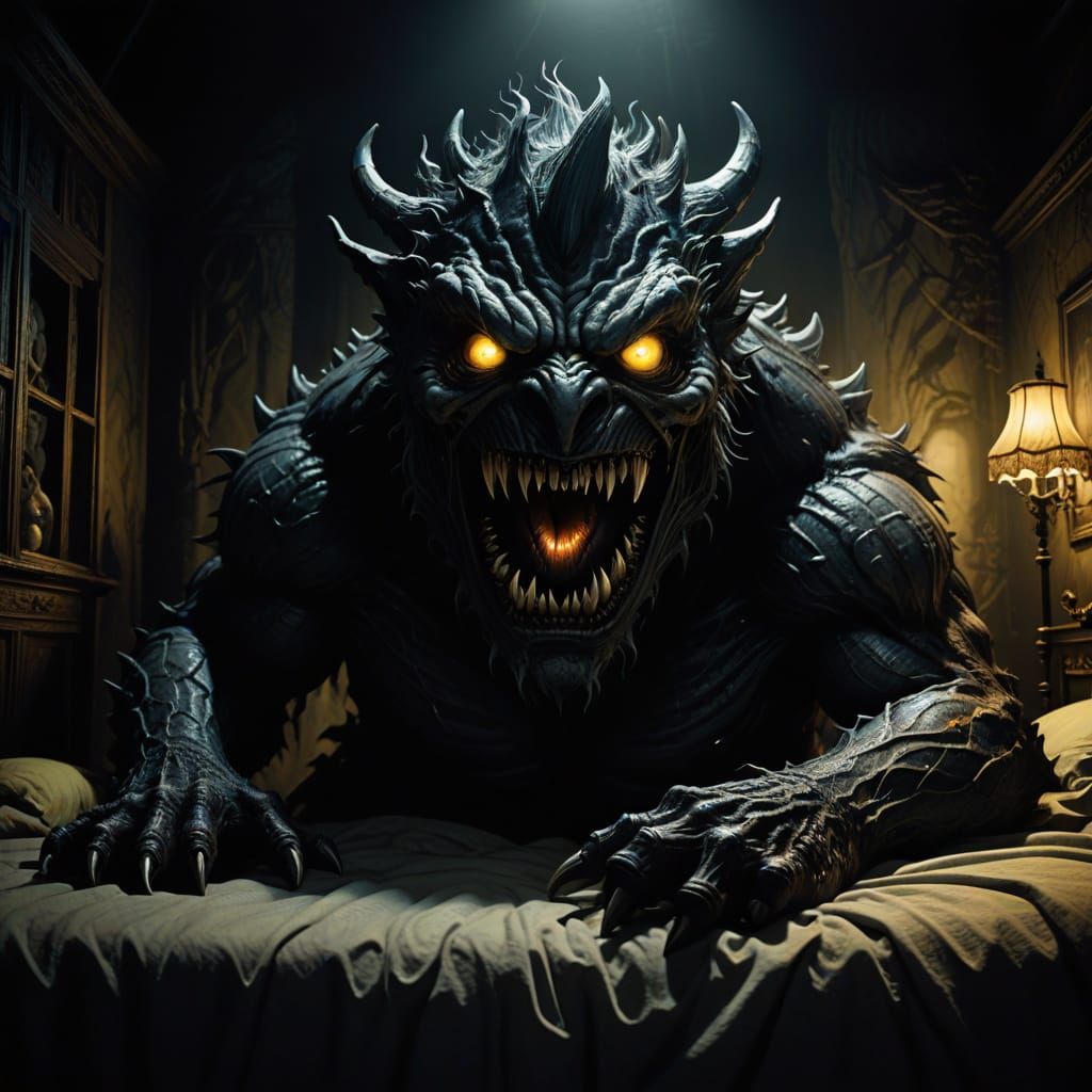 Dark Fantasy Monster Lurks Under Child's Bed at Night