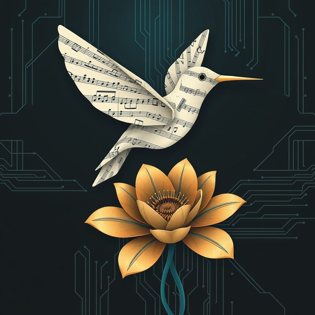 Origami Hummingbird Hovering Above Circuit Flower