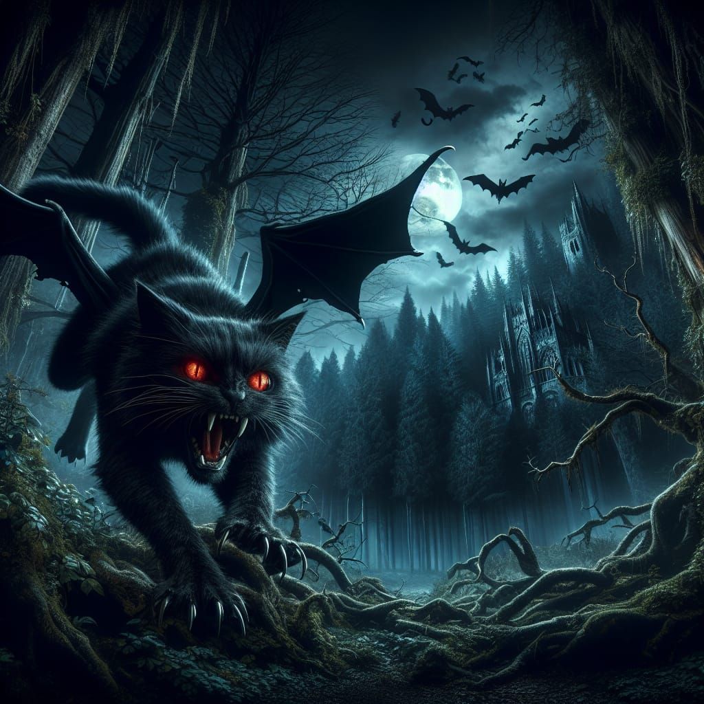 Terrifying Bat-winged Cat in a Dark Forest