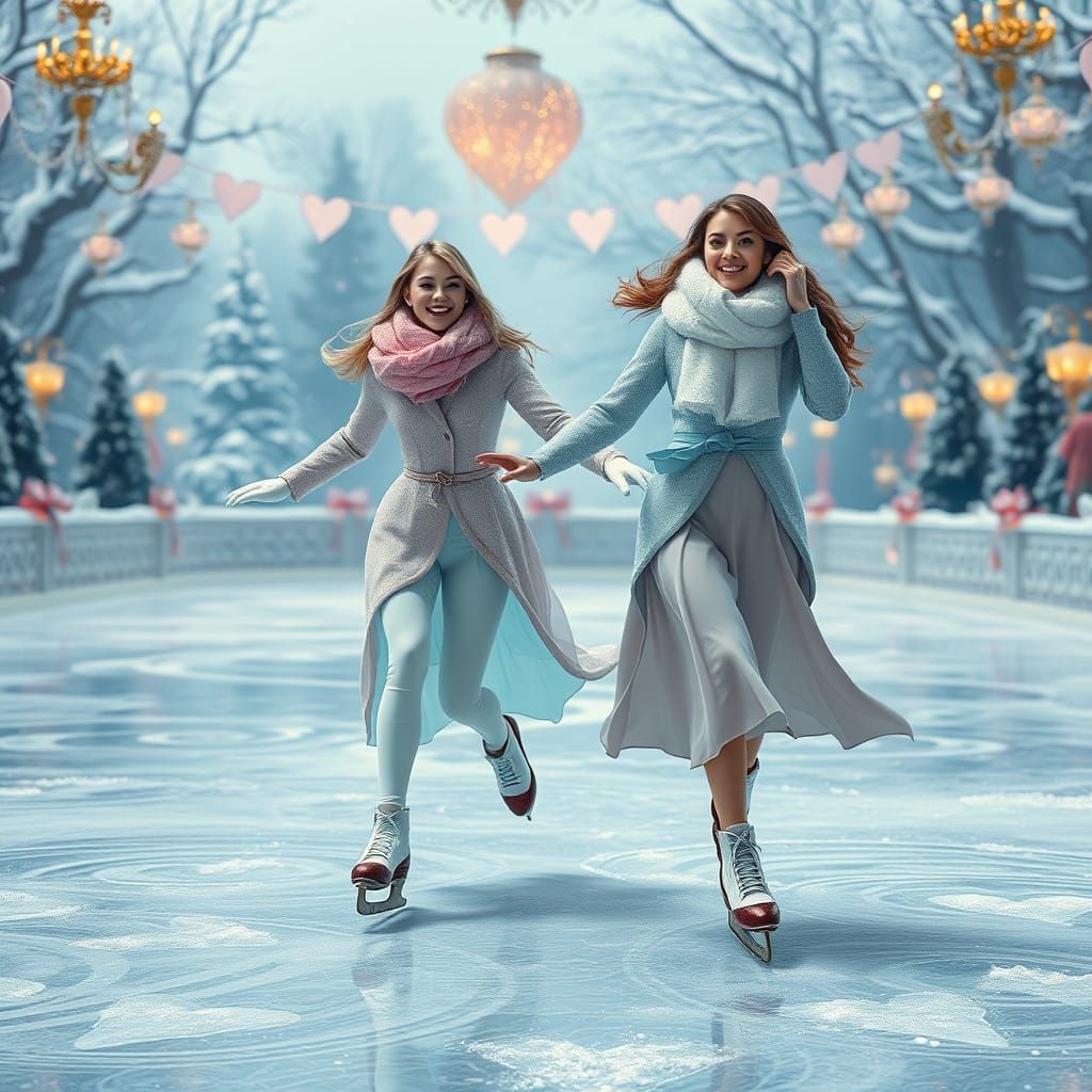 Joyful Ice Skating Sisters in Whimsical Winter Wonderland