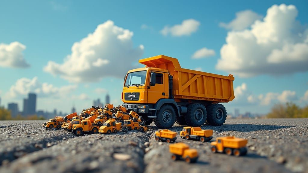 Toy Dump Trucks Pile Up on NYC Street in Photorealistic Scen...
