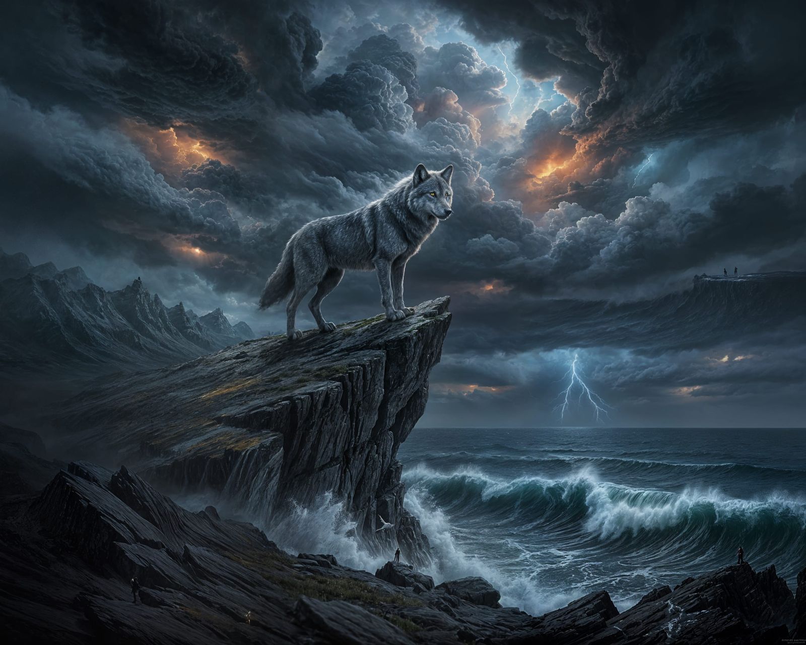 Dramatic Lone Wolf Overlooking Turbulent Ocean