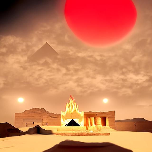 Desert Fire Temple and Pyramid in Art Deco Style