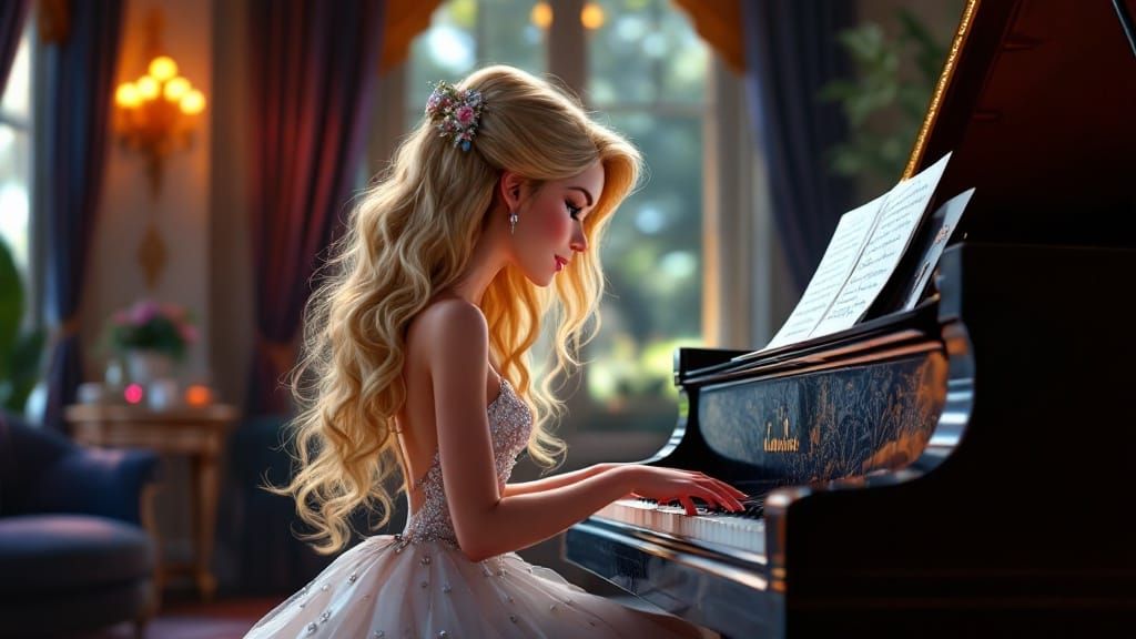 Blonde Girl Plays Piano in Pixar Style