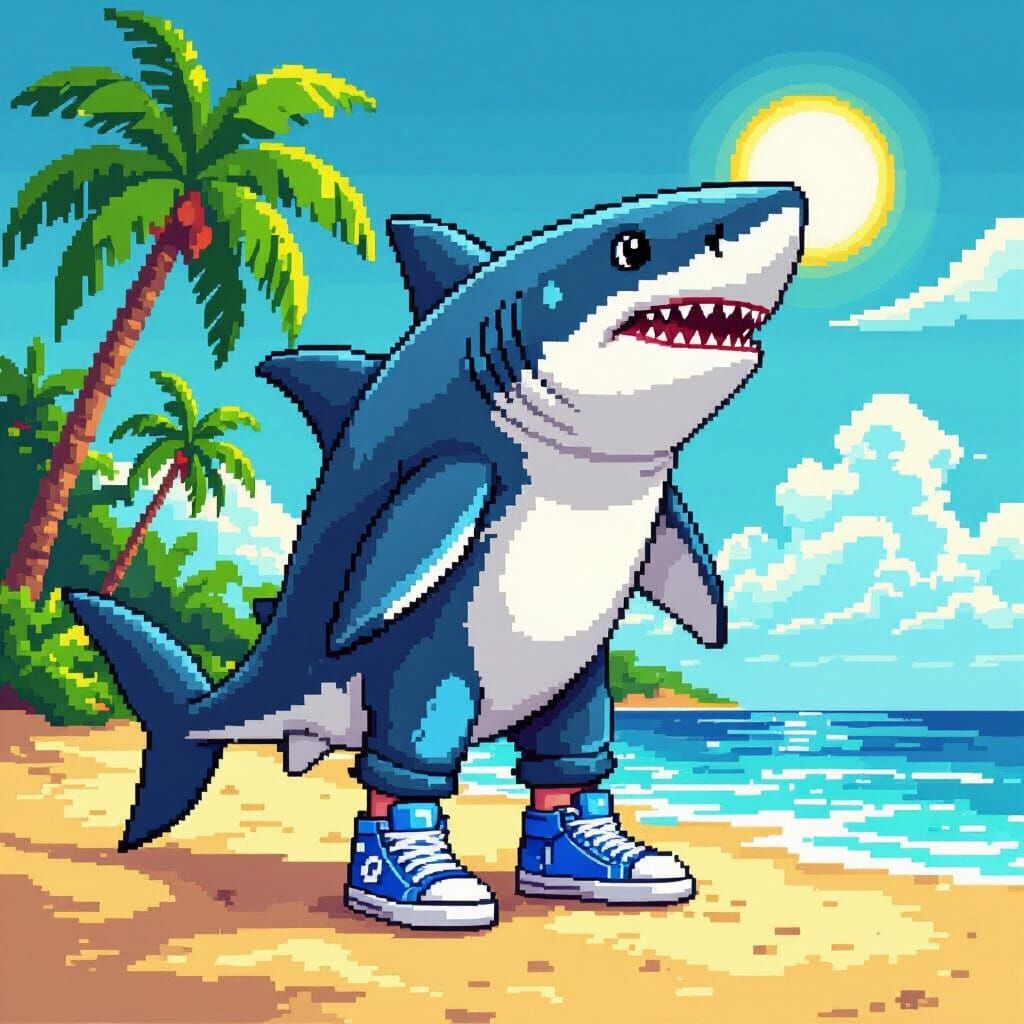 Pixel Art Shark with Blue Shoes on Beach