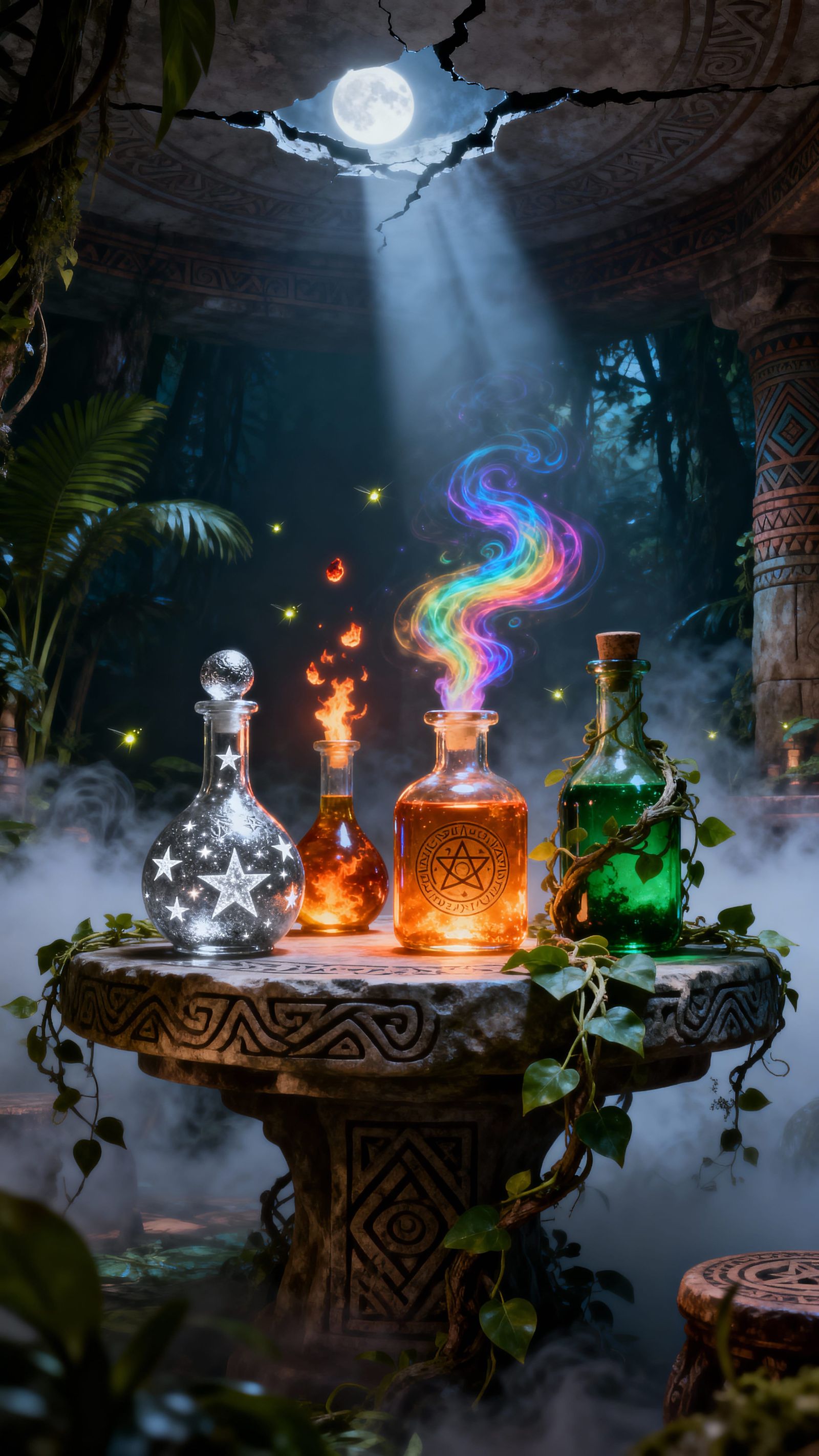 Mystical Jungle Alchemy Sanctuary with Glowing Potions