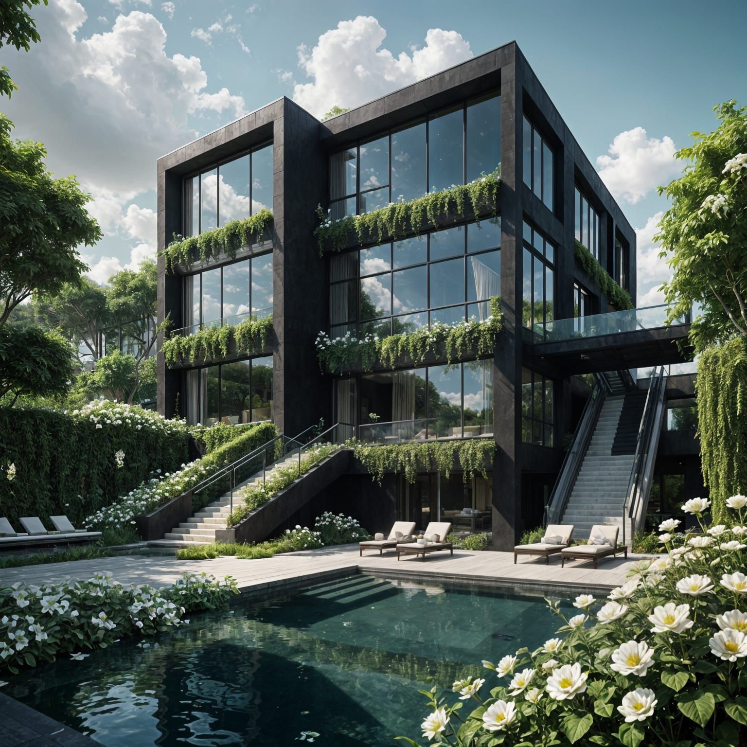 Gigantic Black House with Glass Facade and Vibrant Vines