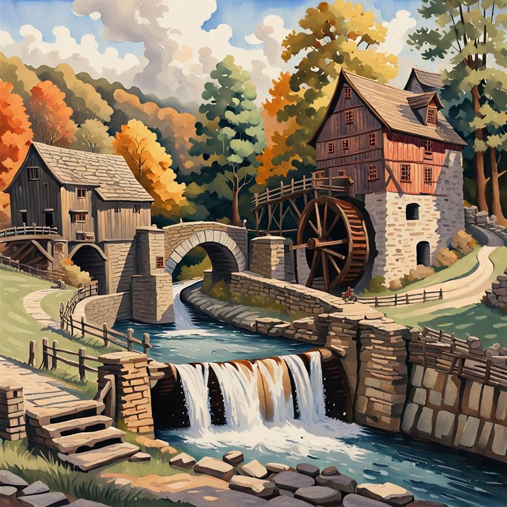 Water Mill in Gouache Style with Stone Bridge