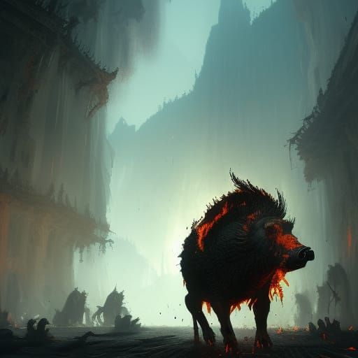 Fiery Skeleton Boar in Dark Fantasy Style