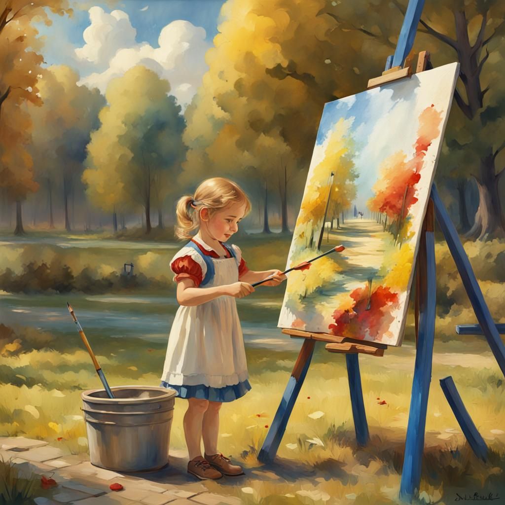 Girl Painting in Park as 3D Watercolor