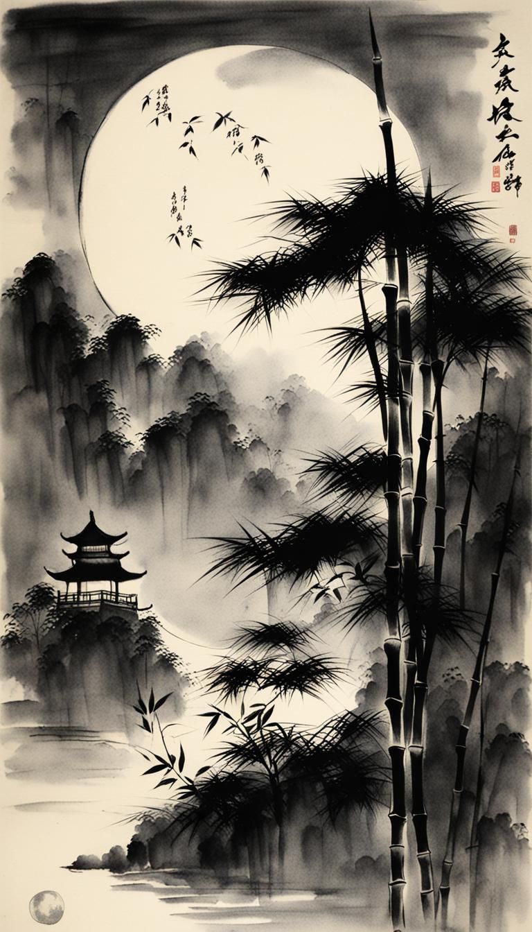 Moonlit Bamboo in Chinese Ink Painting