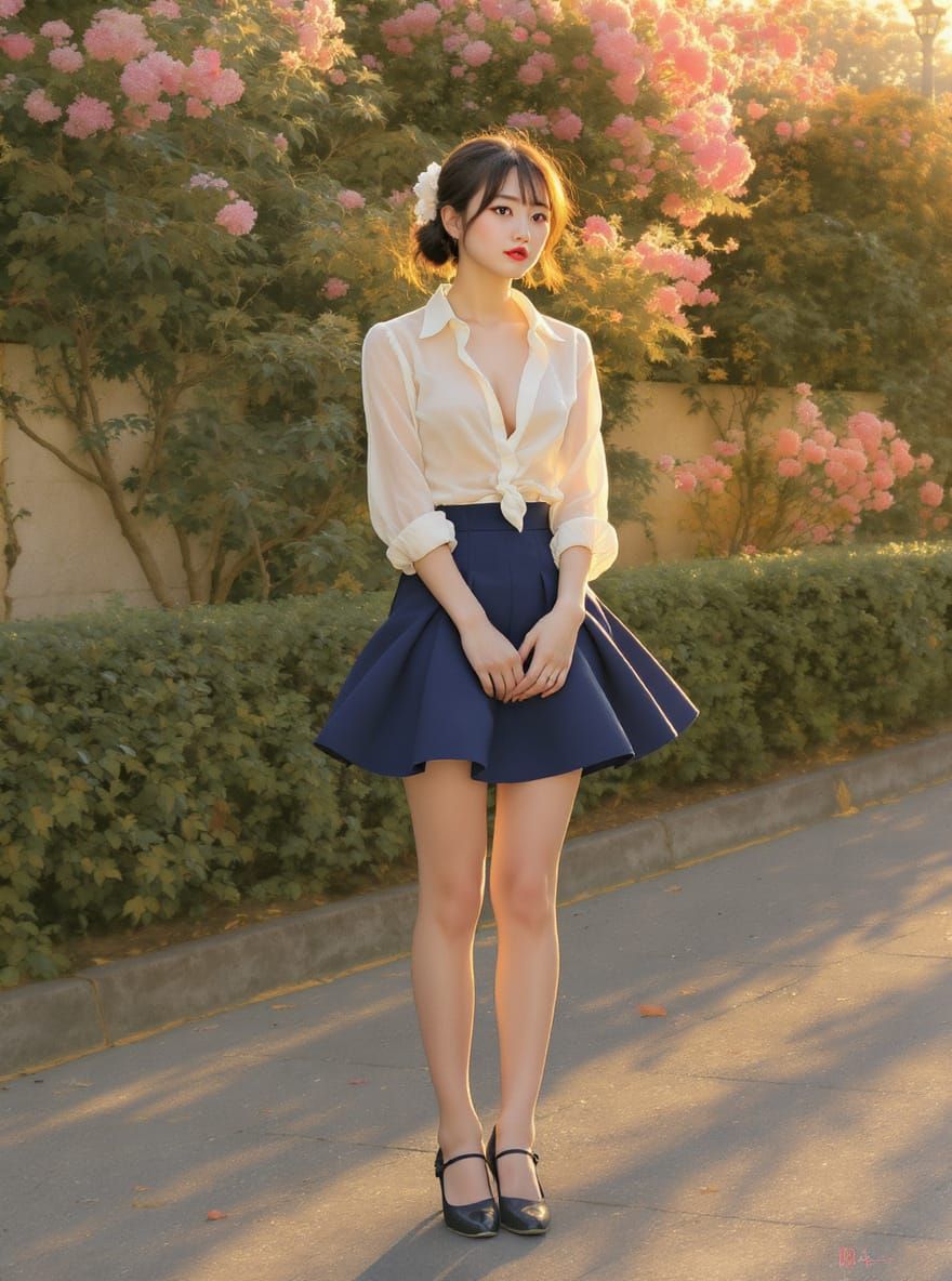 Shy Japanese Woman in Painterly Style with Golden Hour Light