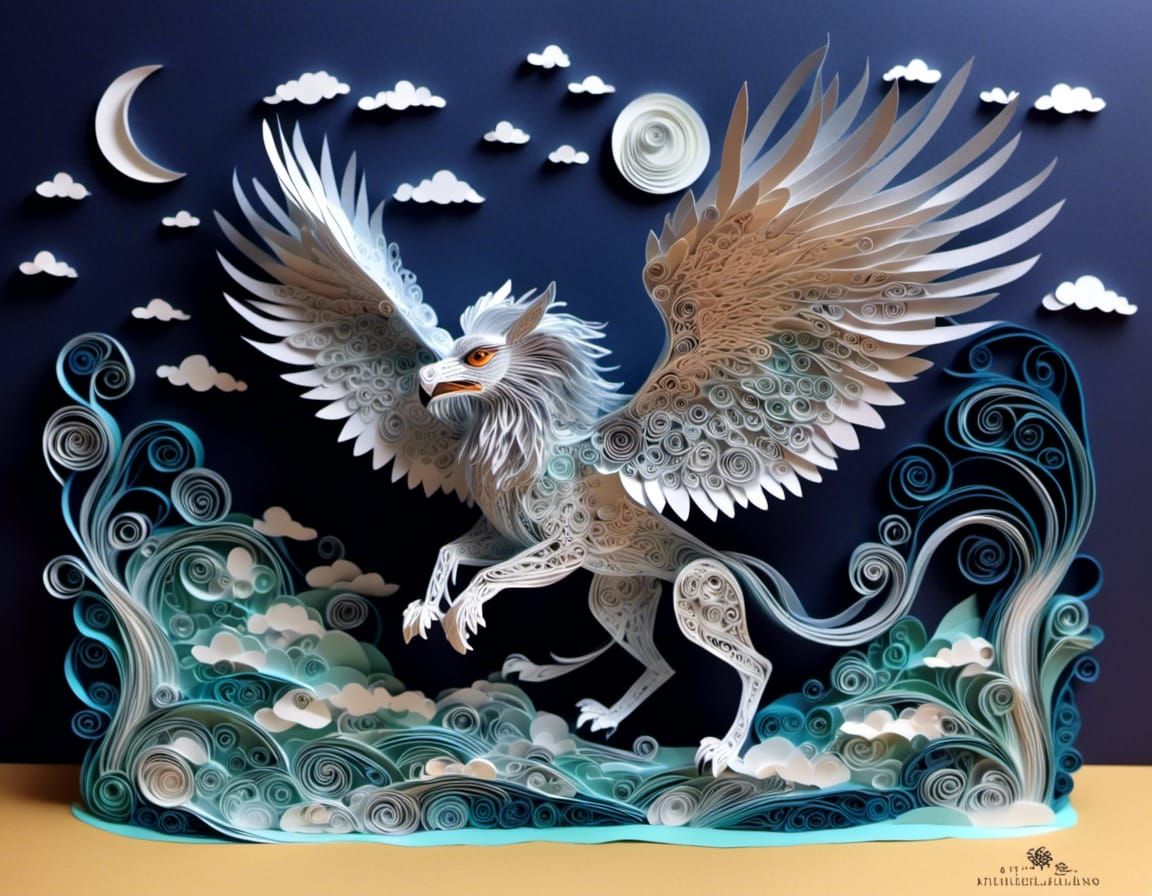 Silver Gryphon Soaring Across Moon, Paper Quilling Art