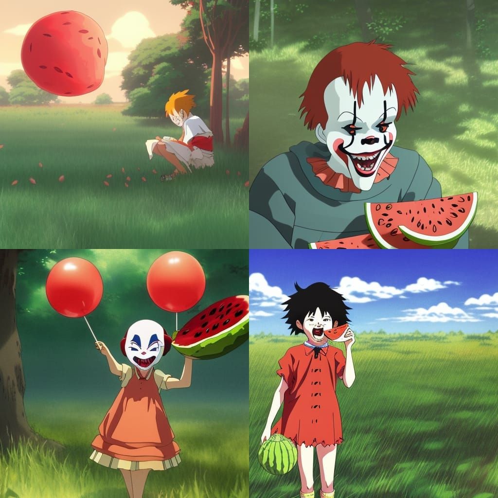 Pennywise Eats Watermelon in Studio Ghibli Style