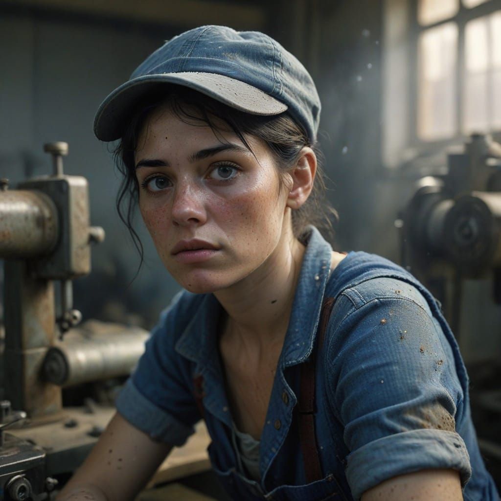 Exhausted Spanish Factory Worker in Intense Gaze