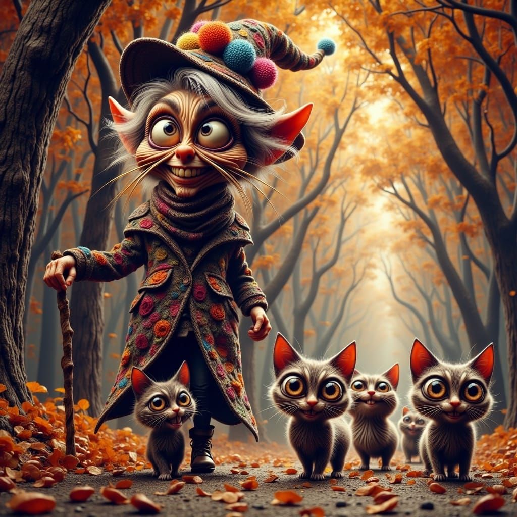 Whimsical Cat Lady in Autumnal Scene