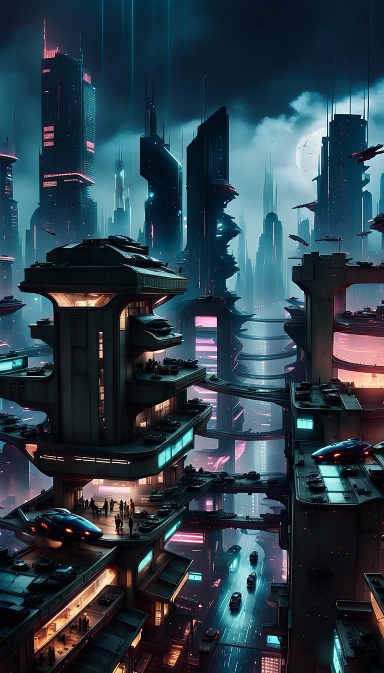 Cyberpunk Cityscape at Night with Flying Vehicles