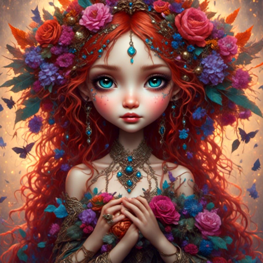 Chibi Woman with Big Eyes in Gothic Fantasy Style