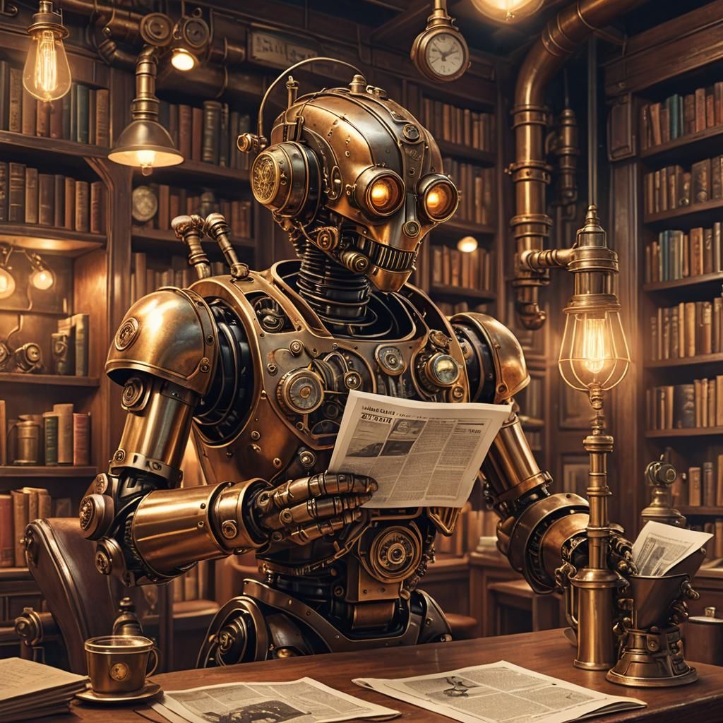 Steampunk Robot Reads Newspaper in Vintage Cafe