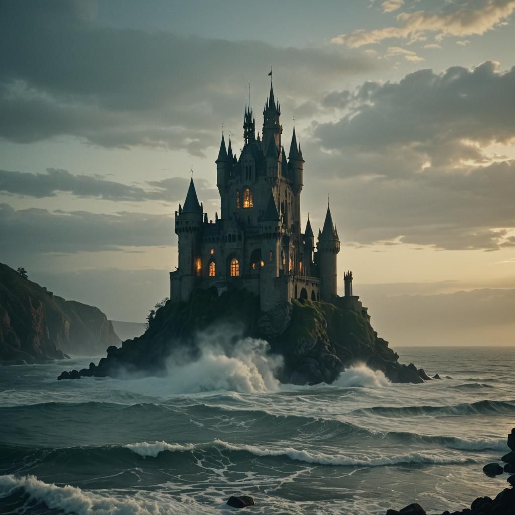Gothic Castle in Ocean: Cinematic Film Still