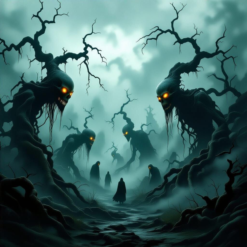 Ominous Landscape with Terrifying Creatures in Surrealist St...