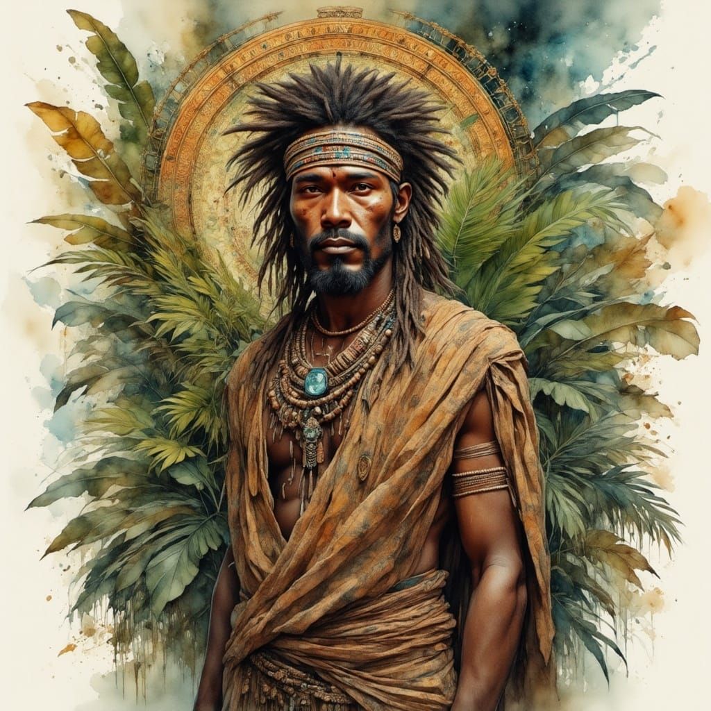 Polynesian Shaman in Watercolor Alcohol Ink Style
