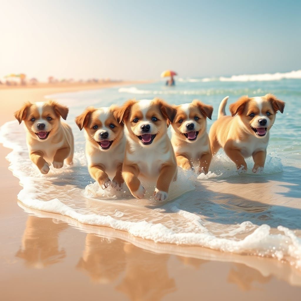 Cute Puppies Play on Beach with Waves
