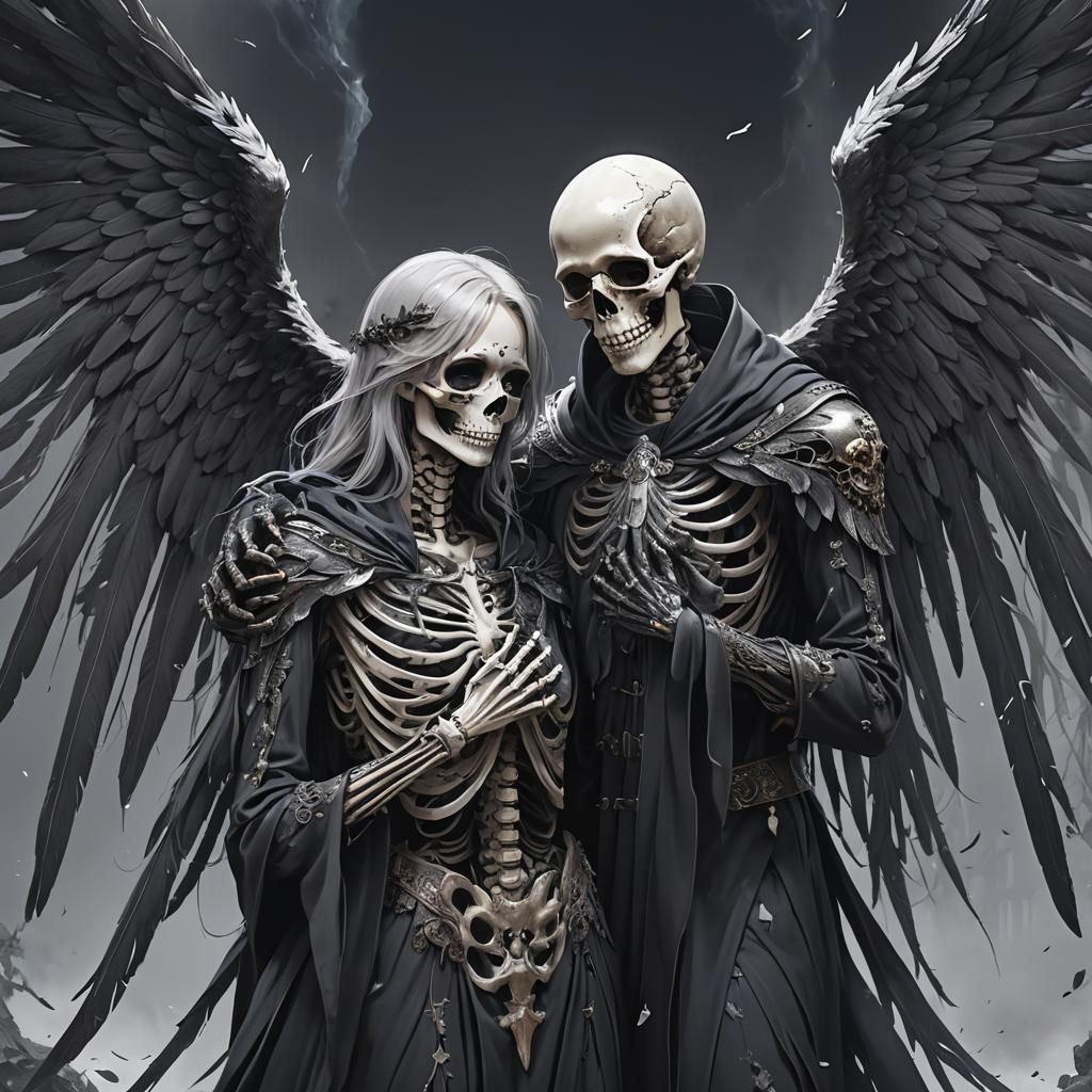 Skeletal Angel Embracing Sorrow: Detailed 3D Anime Art