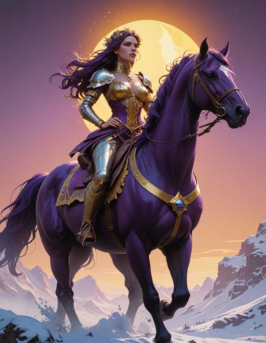 A Regal Woman Rides a Majestic Purple Horse Under Rainy Skie...