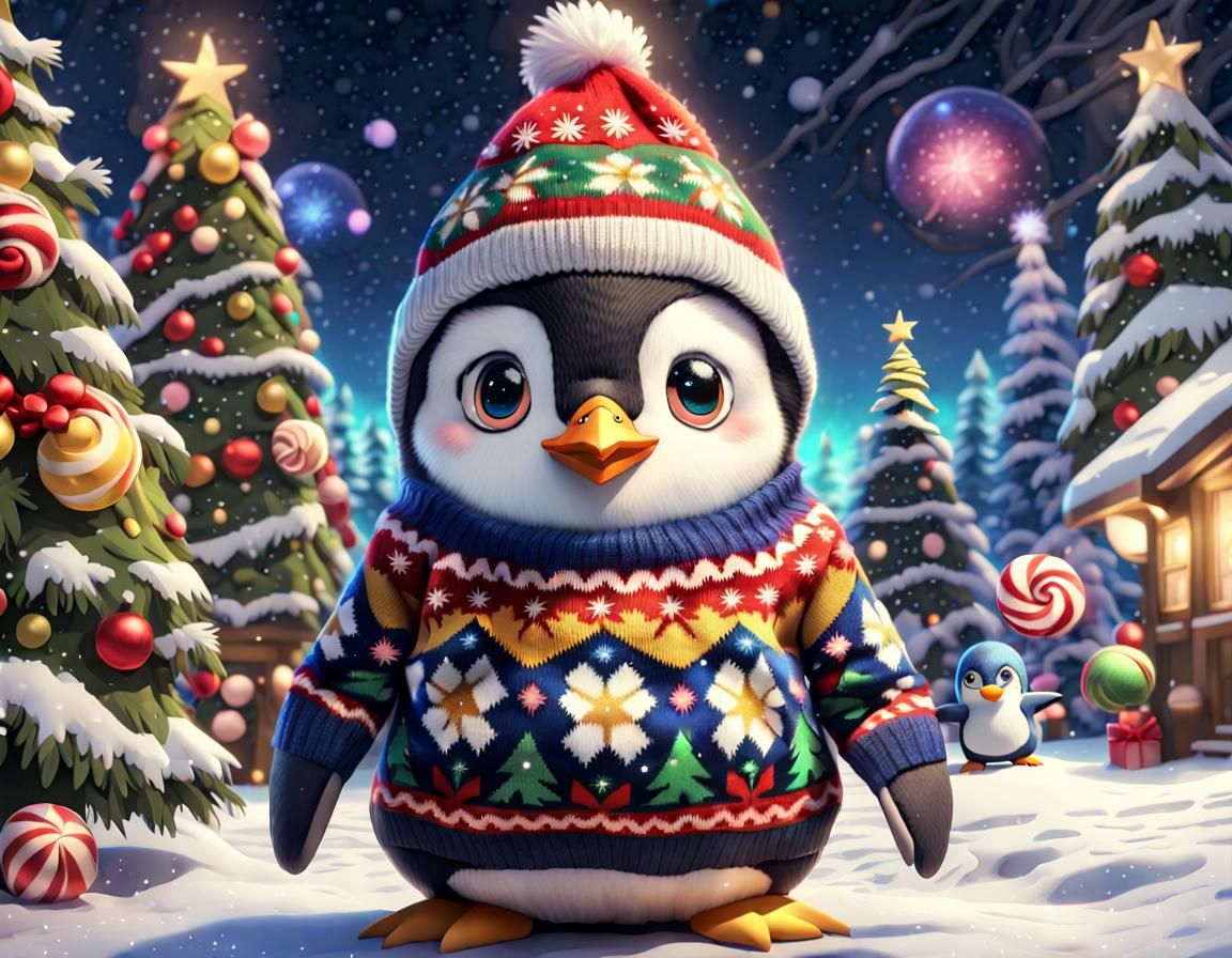 Christmas Penguin in Vibrant Pokemon Forest