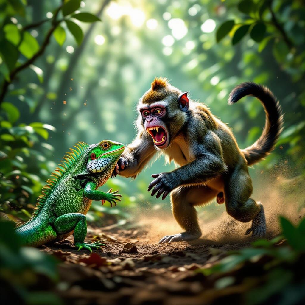 Monkey Battles Lizard in Lush Jungle Photograph