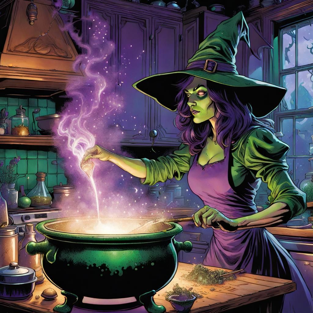 Witch Stirring Glittering Potion in Dark Fantasy Kitchen