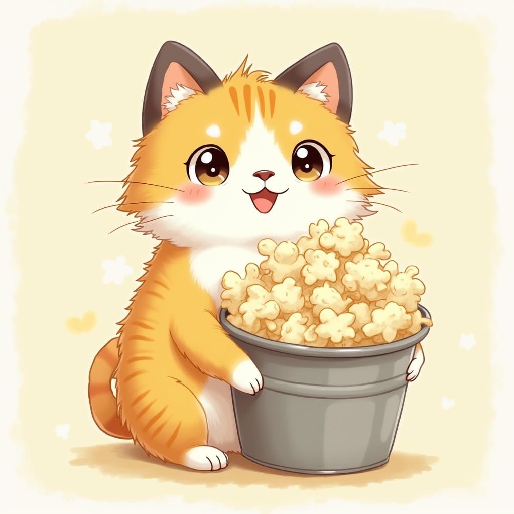Cheerful Anime Cat with Popcorn Bucket