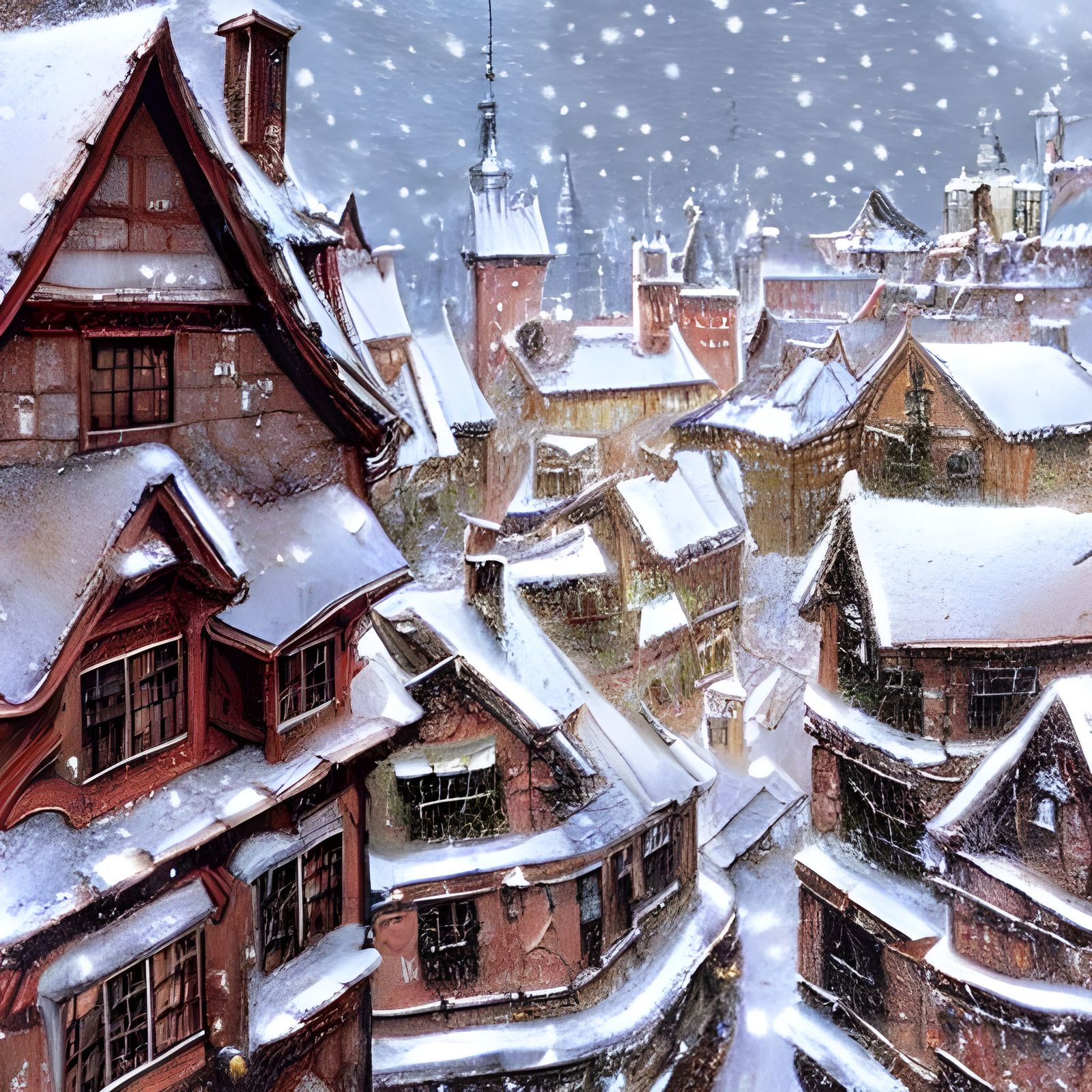 Christmas Snow over Medieval Town Painting