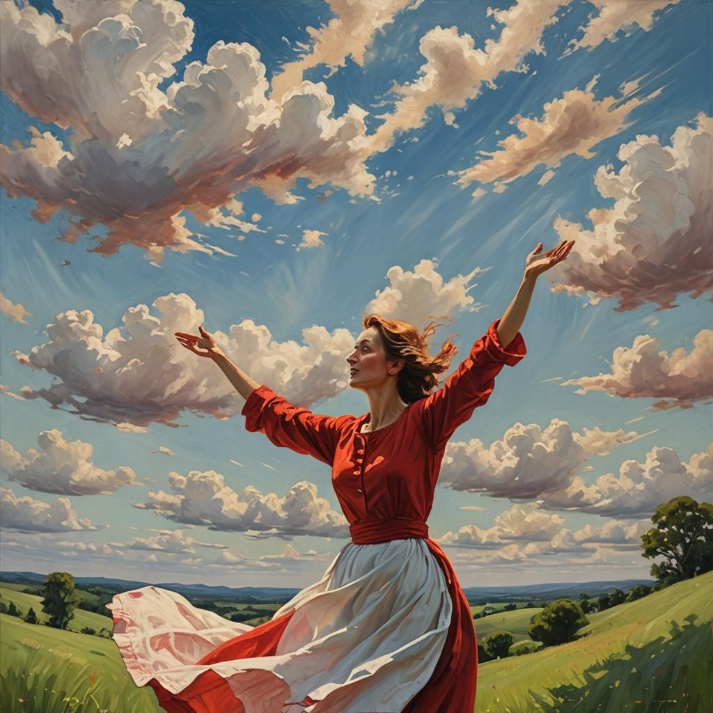 Lady in red reaching for the sky.