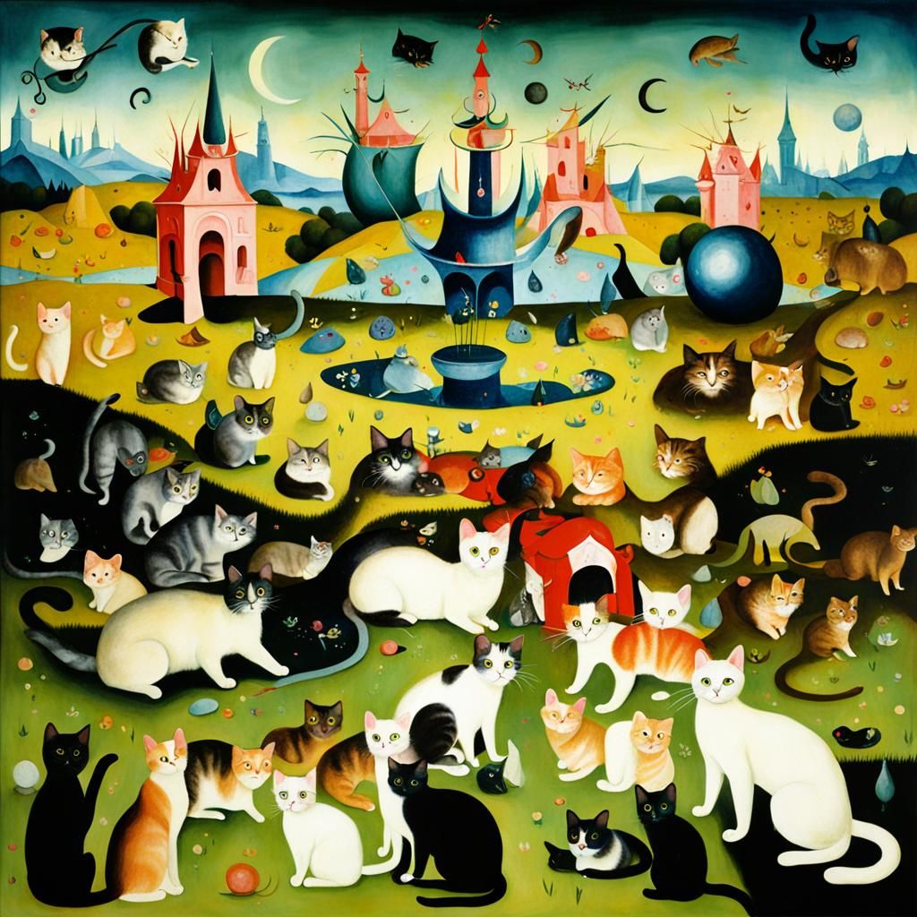 Cats in a Surreal Garden of Earthly Delights