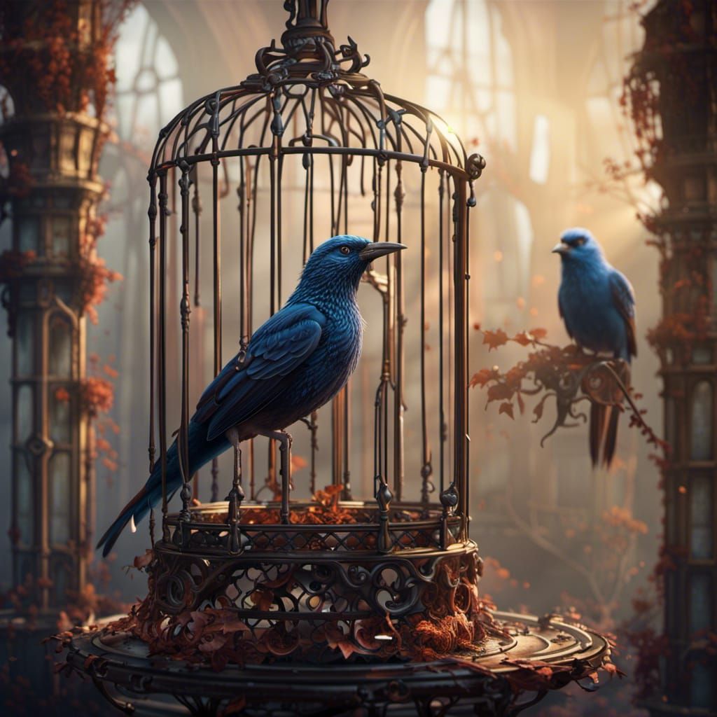 Beautiful Bird in Cage: Detailed Matte Painting