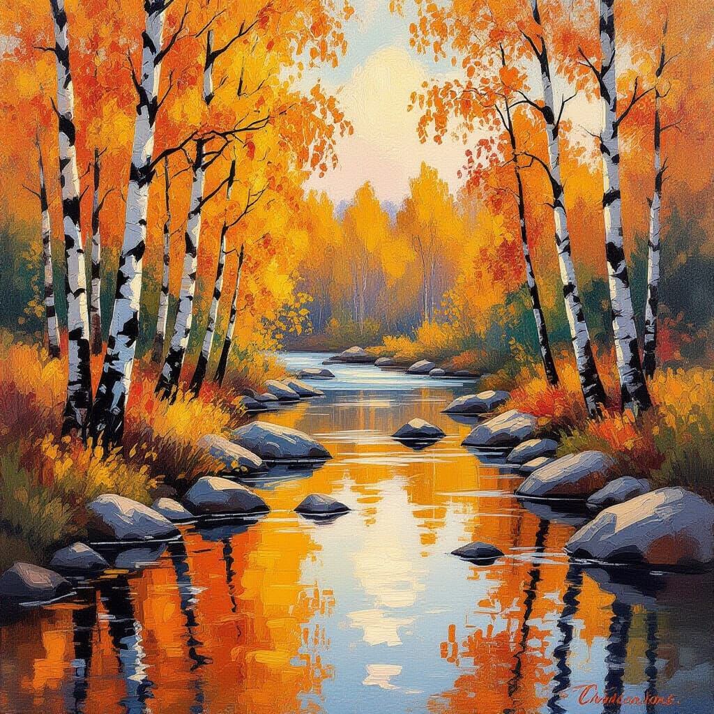 Autumn River Scene in Impressionist Style