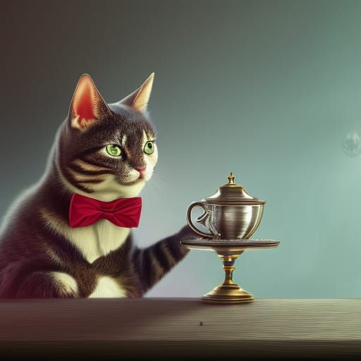 Tiny Cat Sipping Tea: Detailed Fantasy Art