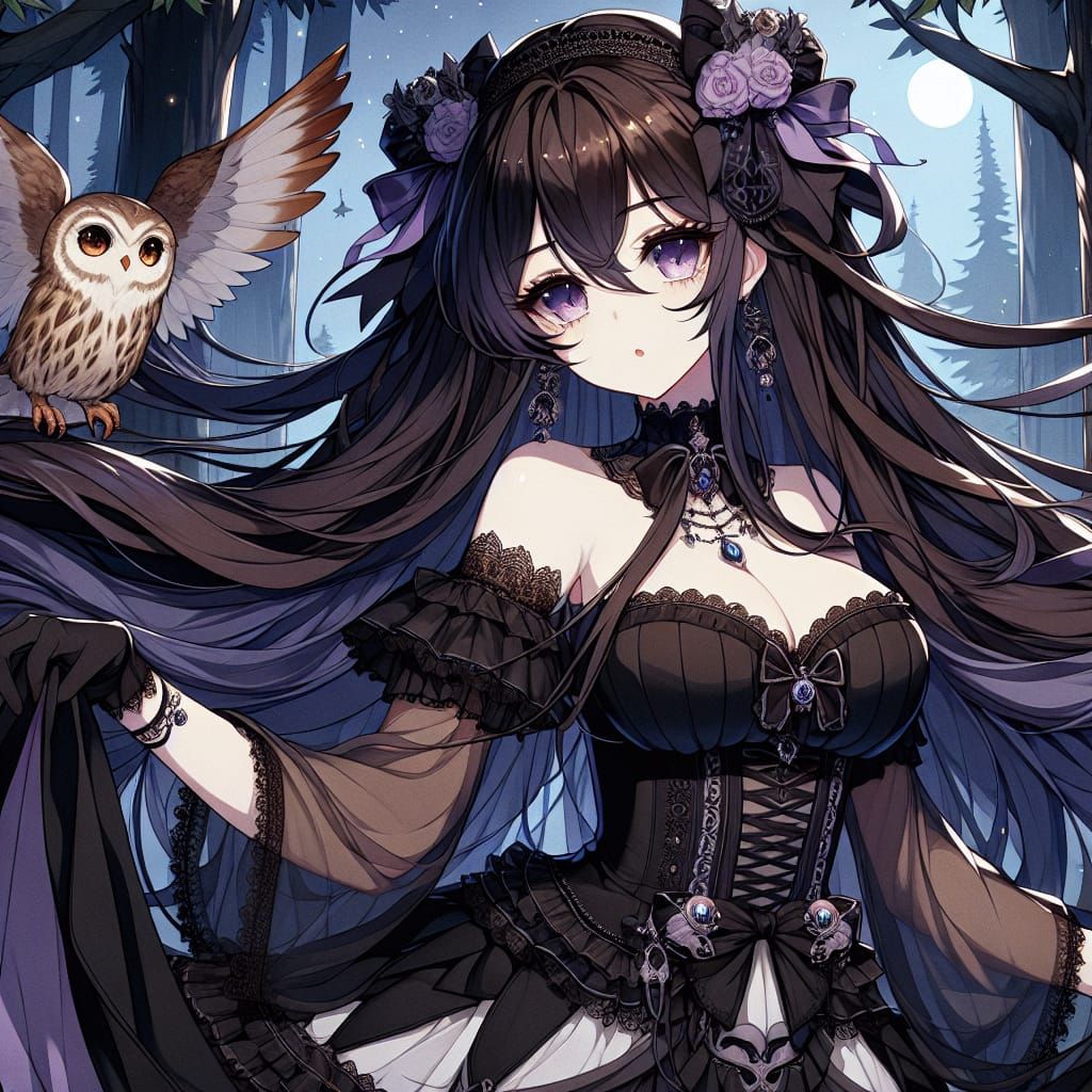 Beautiful anime girl,enchanted forest with cute brown owl 🦉