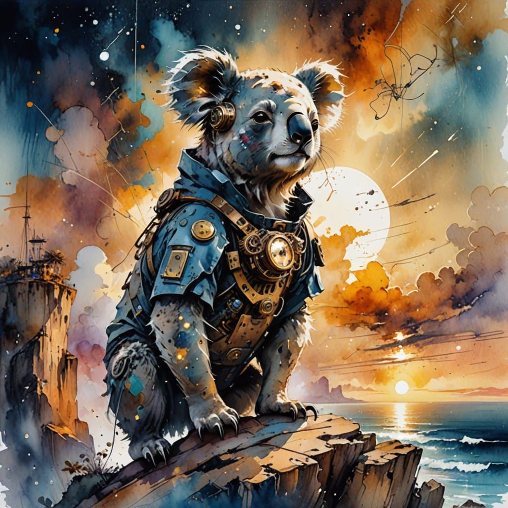 Ethereal Steampunk Koala Amidst Sunset Eclipse