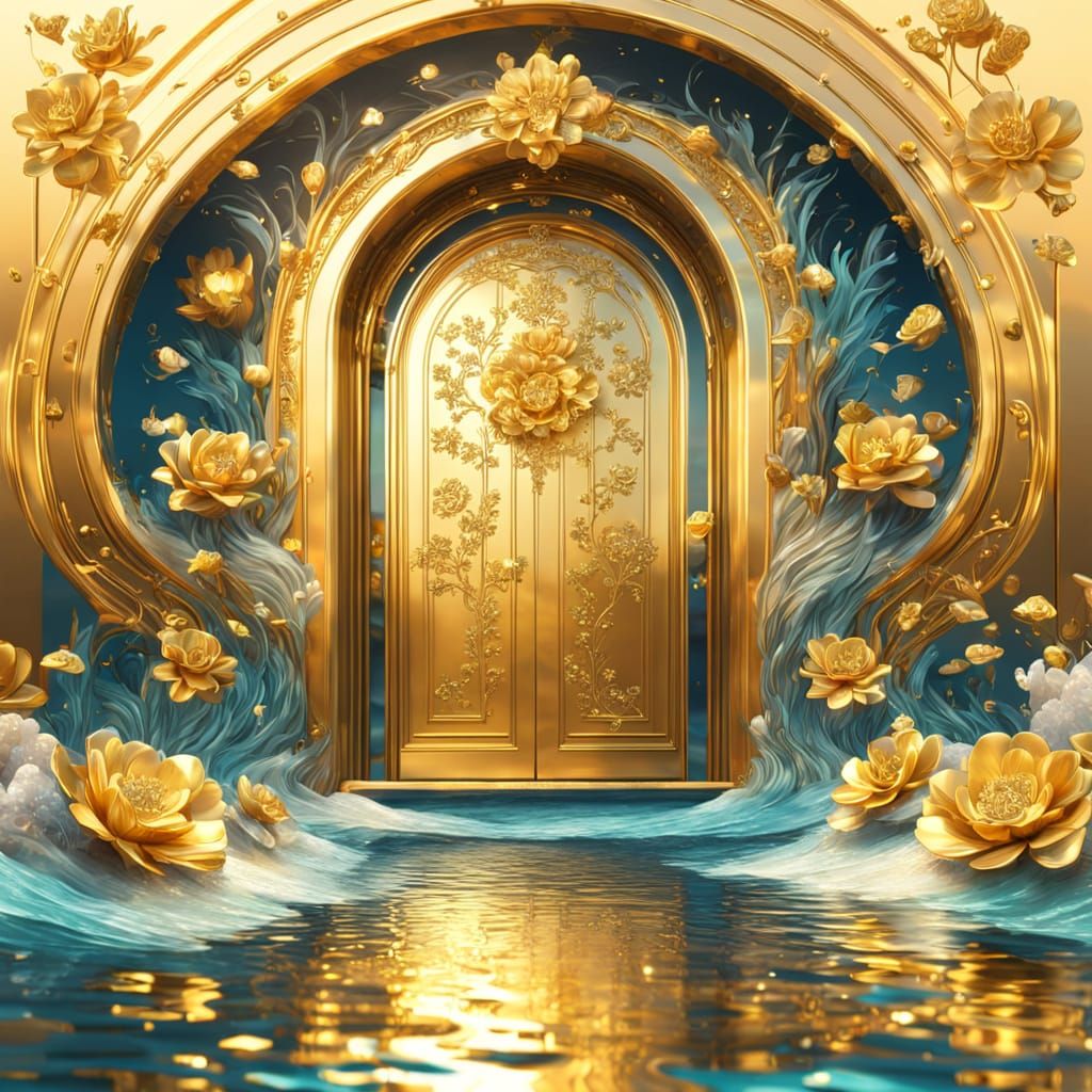 Golden Door in Ocean: A Surrealist Oil Painting