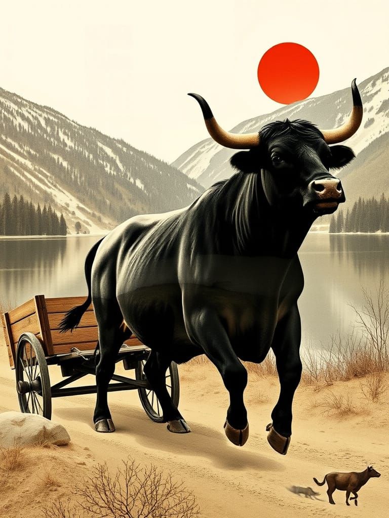 Surreal Bull in Motion, Harmonizing with Nature in Minimalis...