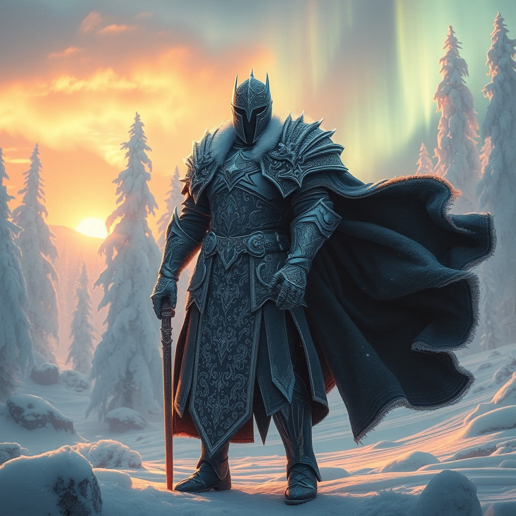 Majestic Winter Knight in Mystical Landscape