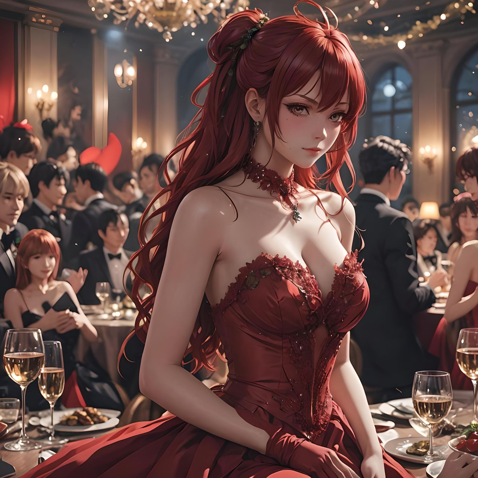Rias Gremory in Red Gown: 3D Anime Art