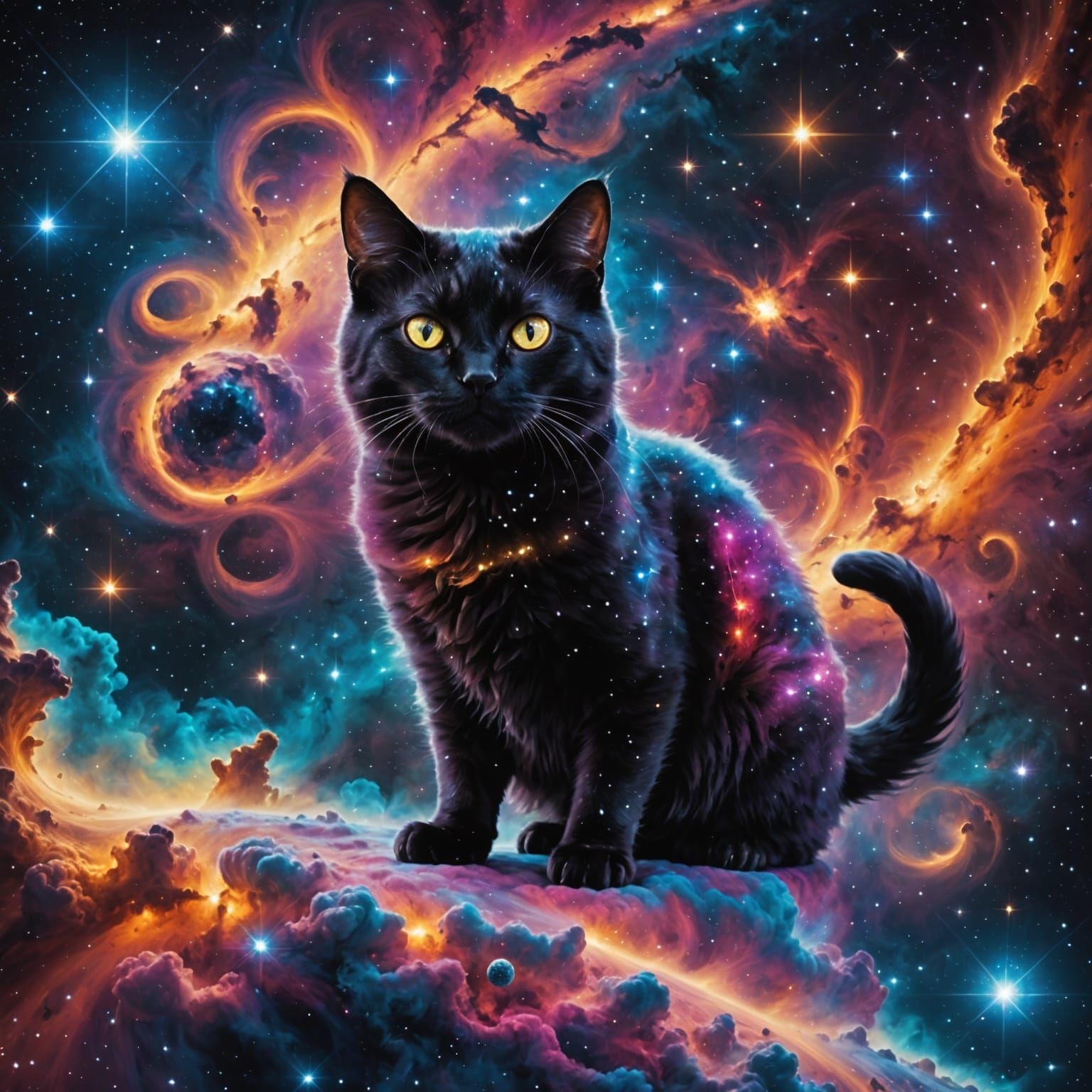 Cosmic Cat Lounging on Nebula Cloud, Batting at Comet